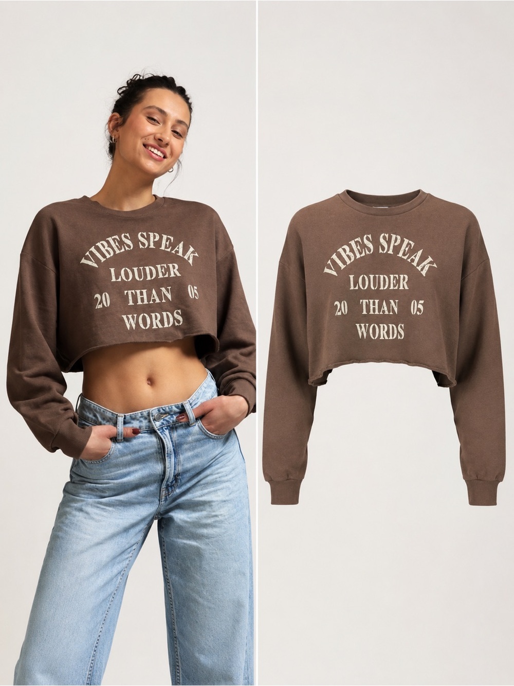 Bershka | “Vibes Speak Louder Than Words” Cropped Sweatshirt Brown | Size Medium